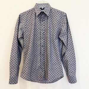 Teddy Stratford Shirt Mens S 35 36 Gray Blue Polka Dot Cotton Long Sleeve Zipper